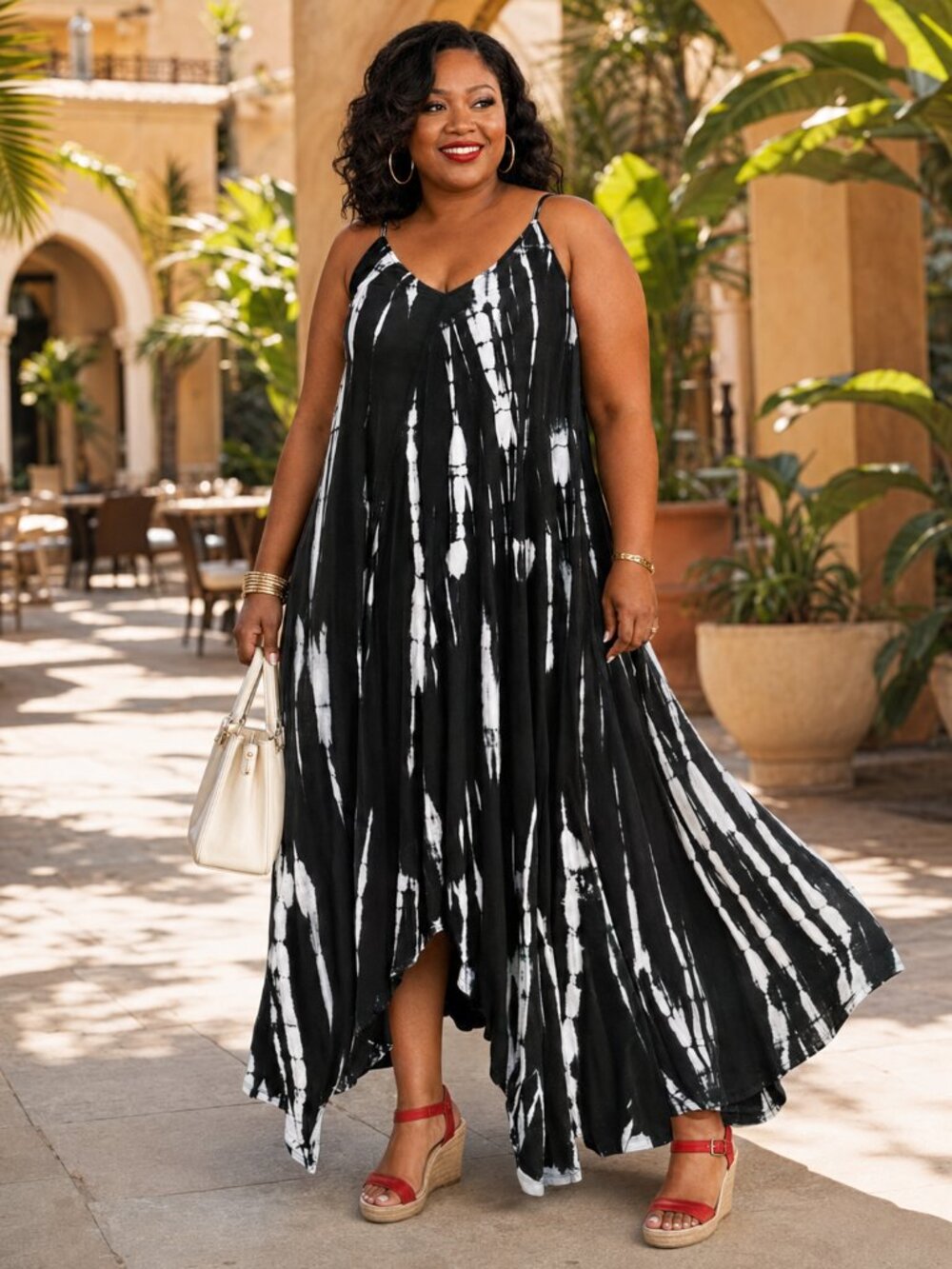Plus Size 4XL–5XL Black White Tie-Dye Flowy Handkerchief Maxi Dress